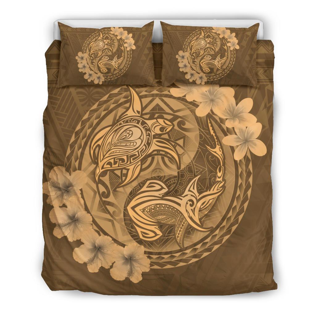 Hawaii Yin Yang Turtle Shark Hibiscus Plumeria Bedding Set - Gold Gold - Polynesian Pride