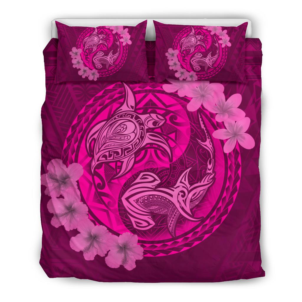 Hawaii Yin Yang Turtle Shark Hibiscus Plumeria Bedding Set - Pink Pink - Polynesian Pride