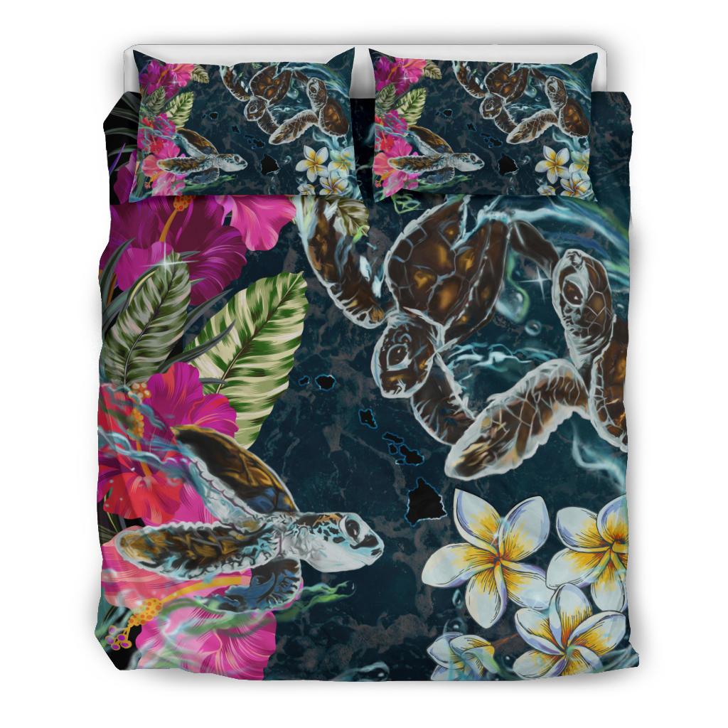 Hawaii Map Turtle Swimming Hibiscus Plumeria Moana Bedding Set Blue - Polynesian Pride