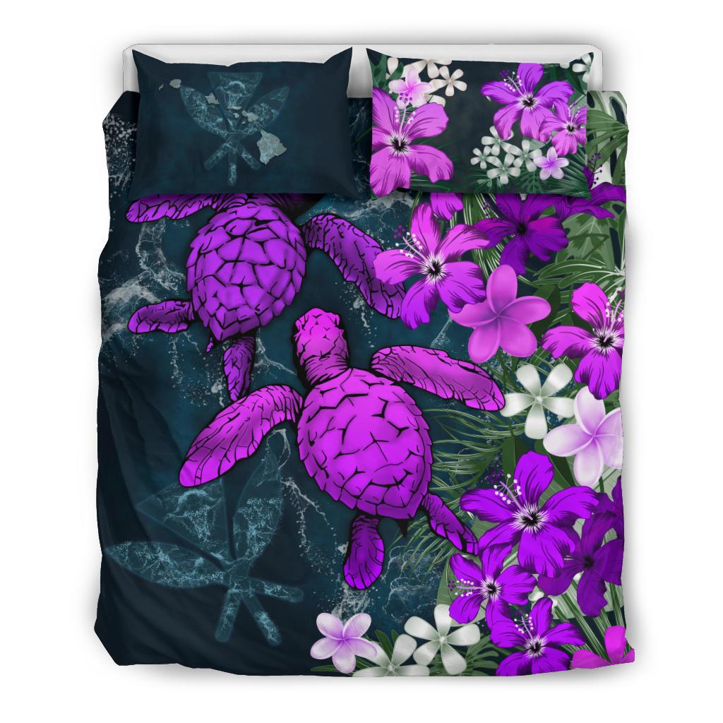 Kanaka Maoli (Hawaiian) Bedding Set - Sea Turtle Tropical Hibiscus And Plumeria Purple Purple - Polynesian Pride