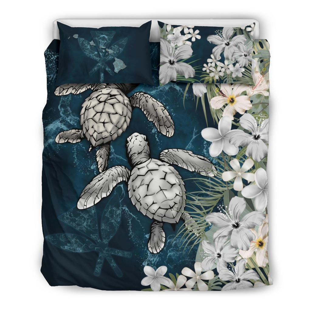 Kanaka Maoli (Hawaiian) Bedding Set - Sea Turtle Tropical Hibiscus And Plumeria White White - Polynesian Pride