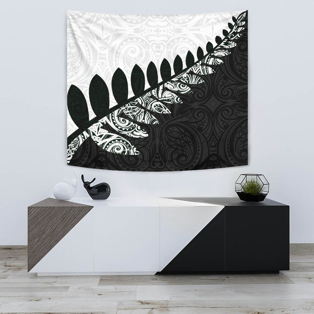New Zealand Silver Fern Maori Tapestry Black White Black - Polynesian Pride