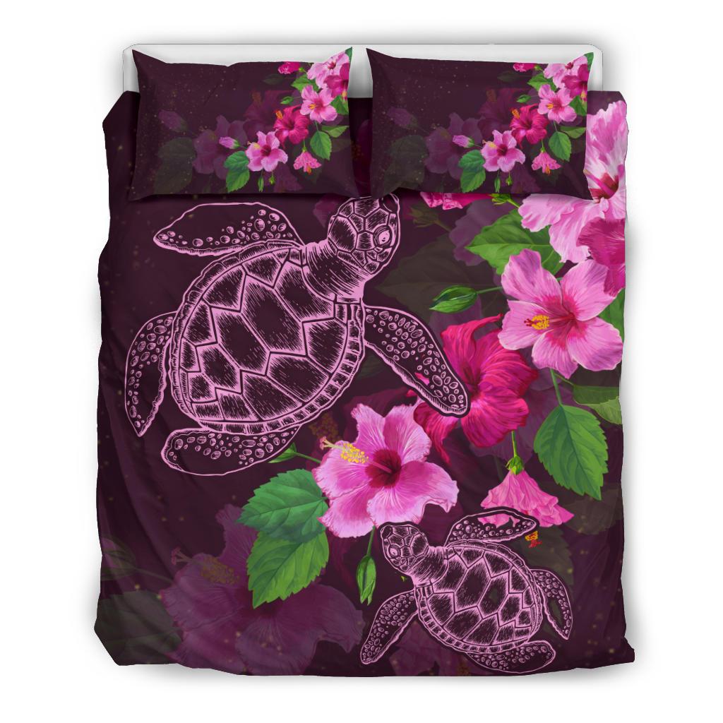 Hawaii Bedding Set - Hawaii Turtle Hibiscus Pink Simple Bedding Set Purple - Polynesian Pride