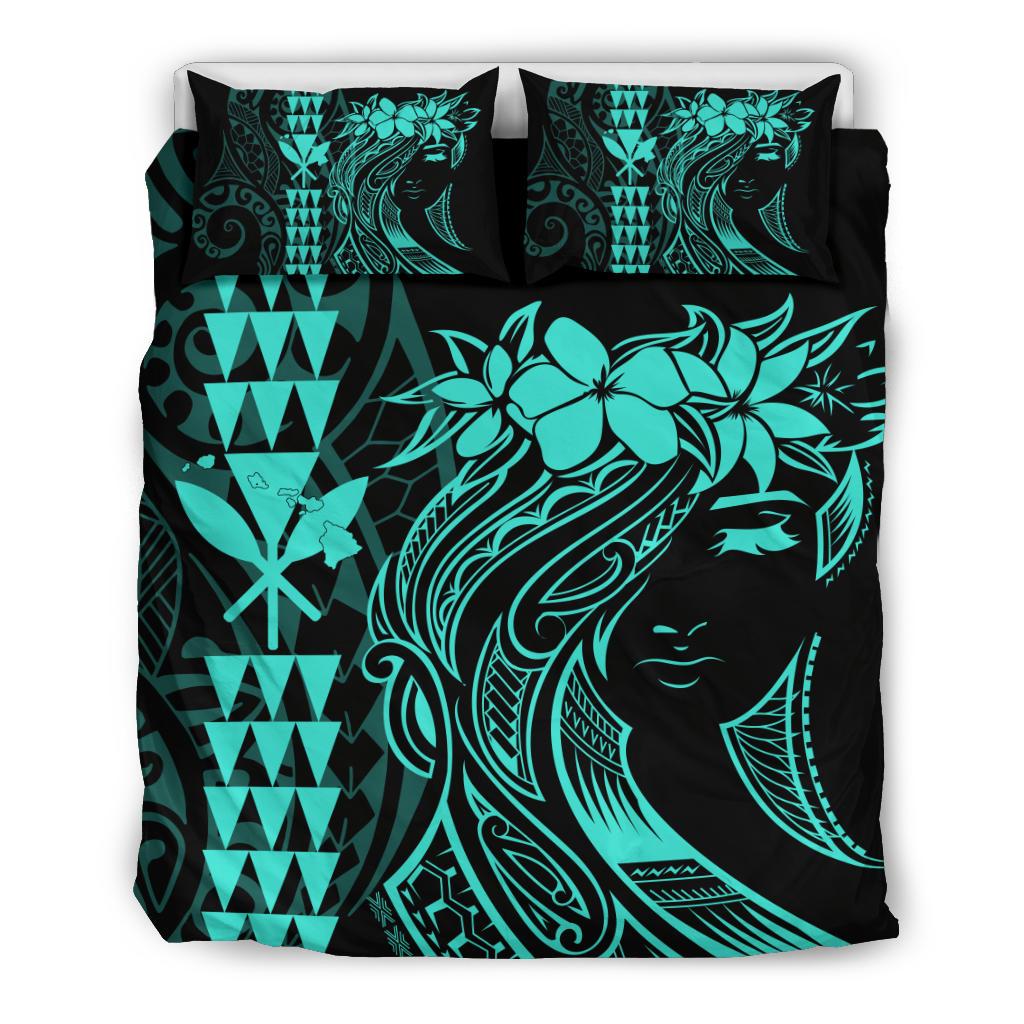 Hawaii Map Kanaka Polynesian Hula Girl Bedding Set - Turquoise Bedding Set Turquoise - Polynesian Pride