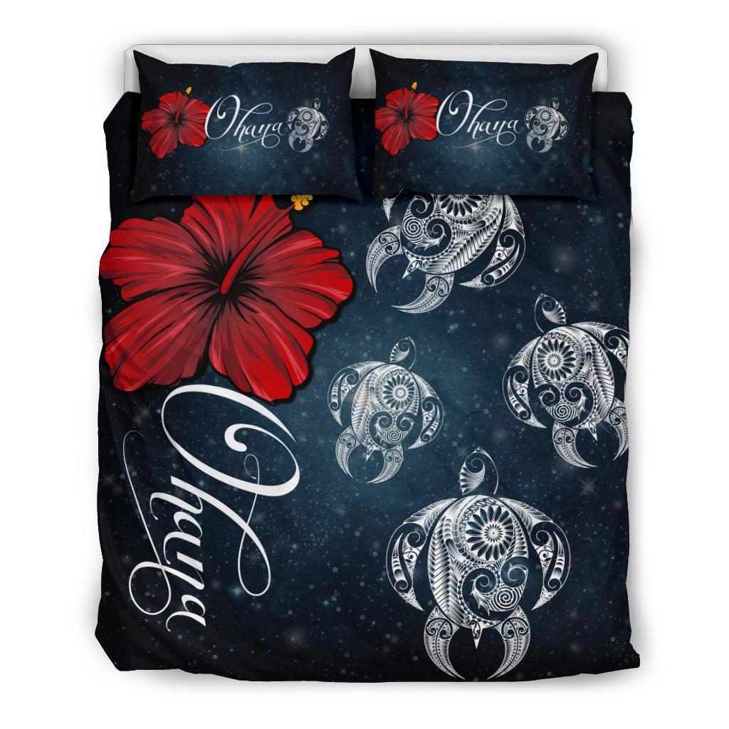 Hawaii Bedding Set - Hawaii Ohana Turtle Hibiscus Galaxy Bedding Set Black - Polynesian Pride