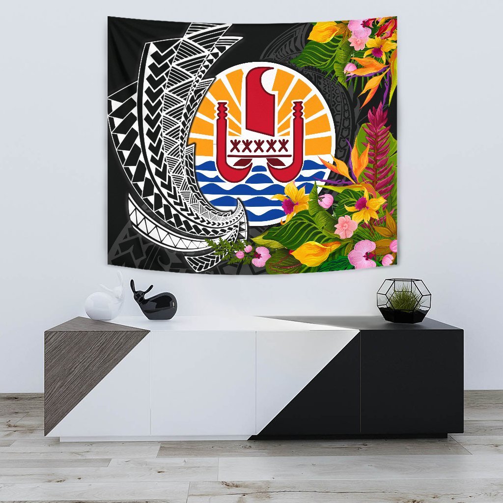 Tahiti Tapestrys - Seal Spiral Polynesian Patterns Wall Tapestry - Tahiti Small 60" x 51" Black - Polynesian Pride
