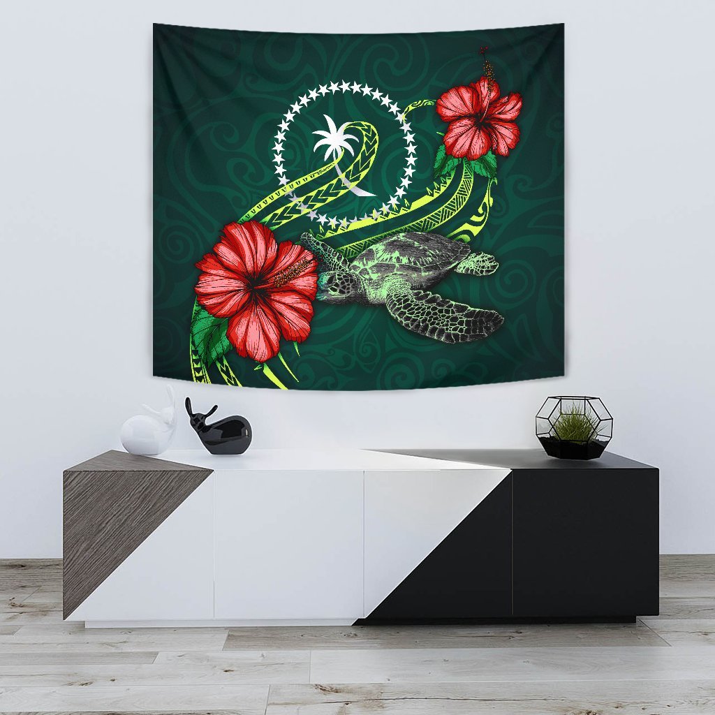 Chuuk Micronesia Tapestry - Green Turtle Hibiscus One Style Small 60" x 51" Green - Polynesian Pride