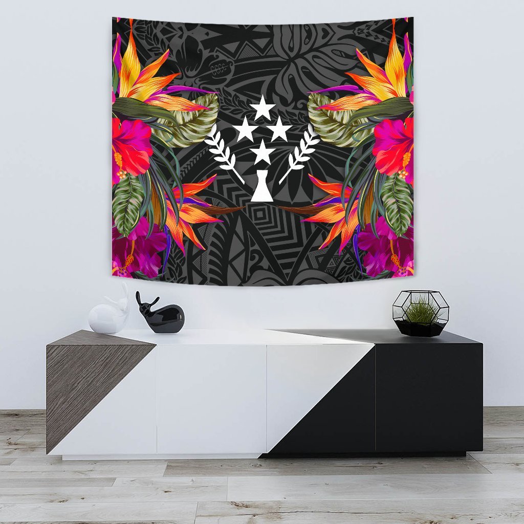 Kosrae Slide Tapestry - Polynesian Hibiscus Pattern Wall Tapestry Small 60" x 51" Black - Polynesian Pride