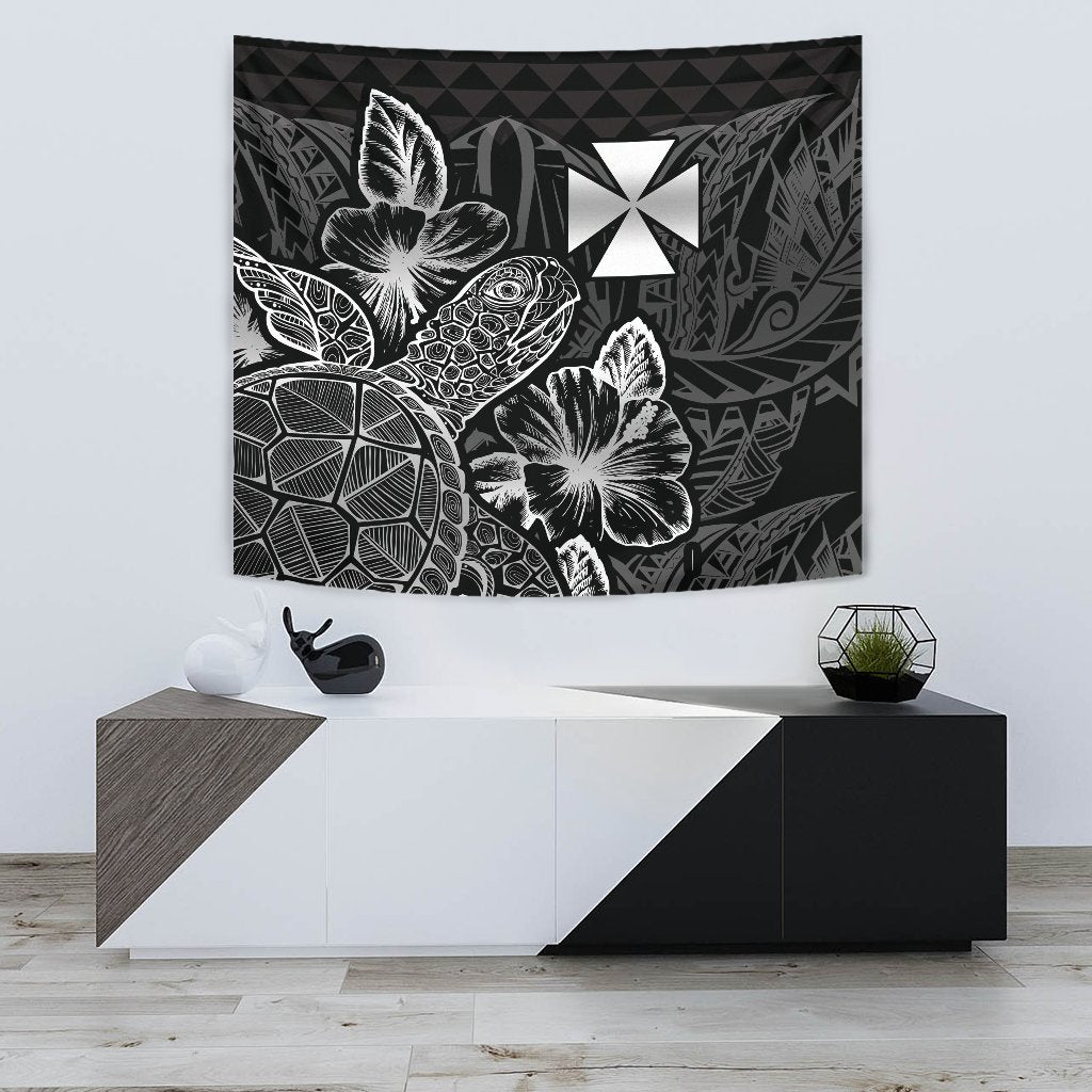 Wallis And Futuna Tapestry - Turtle Hibiscus Pattern Black Wall Tapestry Small 60" x 51" Black - Polynesian Pride
