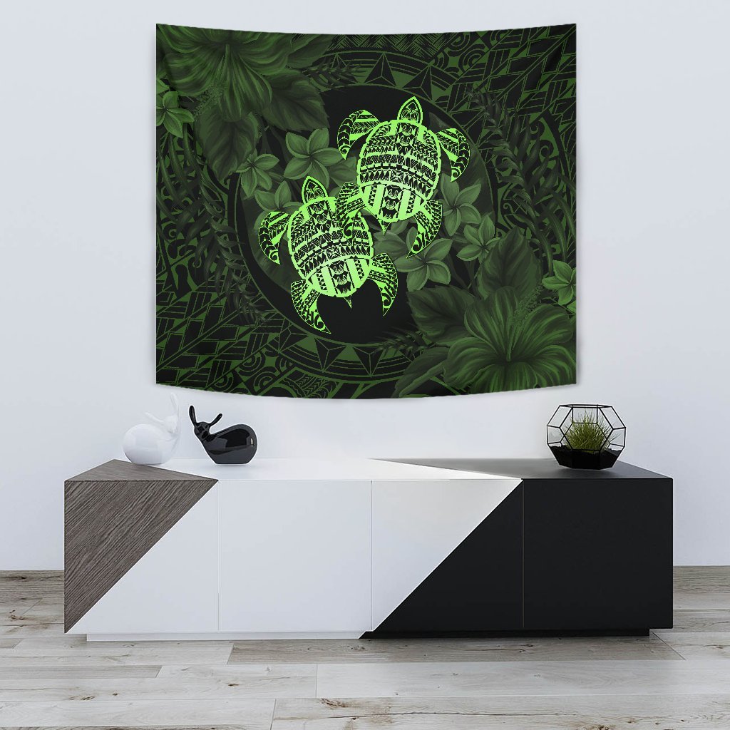 hawaiiTapestry - Turtle Strong Pattern Hibiscus Plumeria Green AH Wall Tapestry 75cm*90cm Green - Polynesian Pride