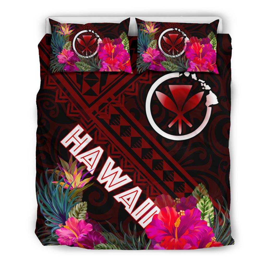 Hawaii Bedding Set - Kanaka Maoli With Hibiscus On Polynesian Patterns (RED) - Polynesian Pride