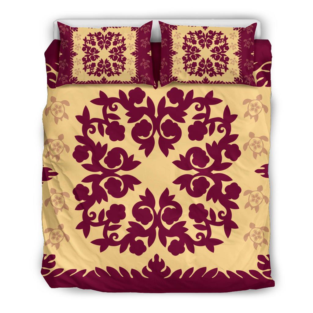 Hawaii Bedding Set - Hawaiian Quilt Plumeria Medallion Burgundy Bedding Set - AH Red - Polynesian Pride