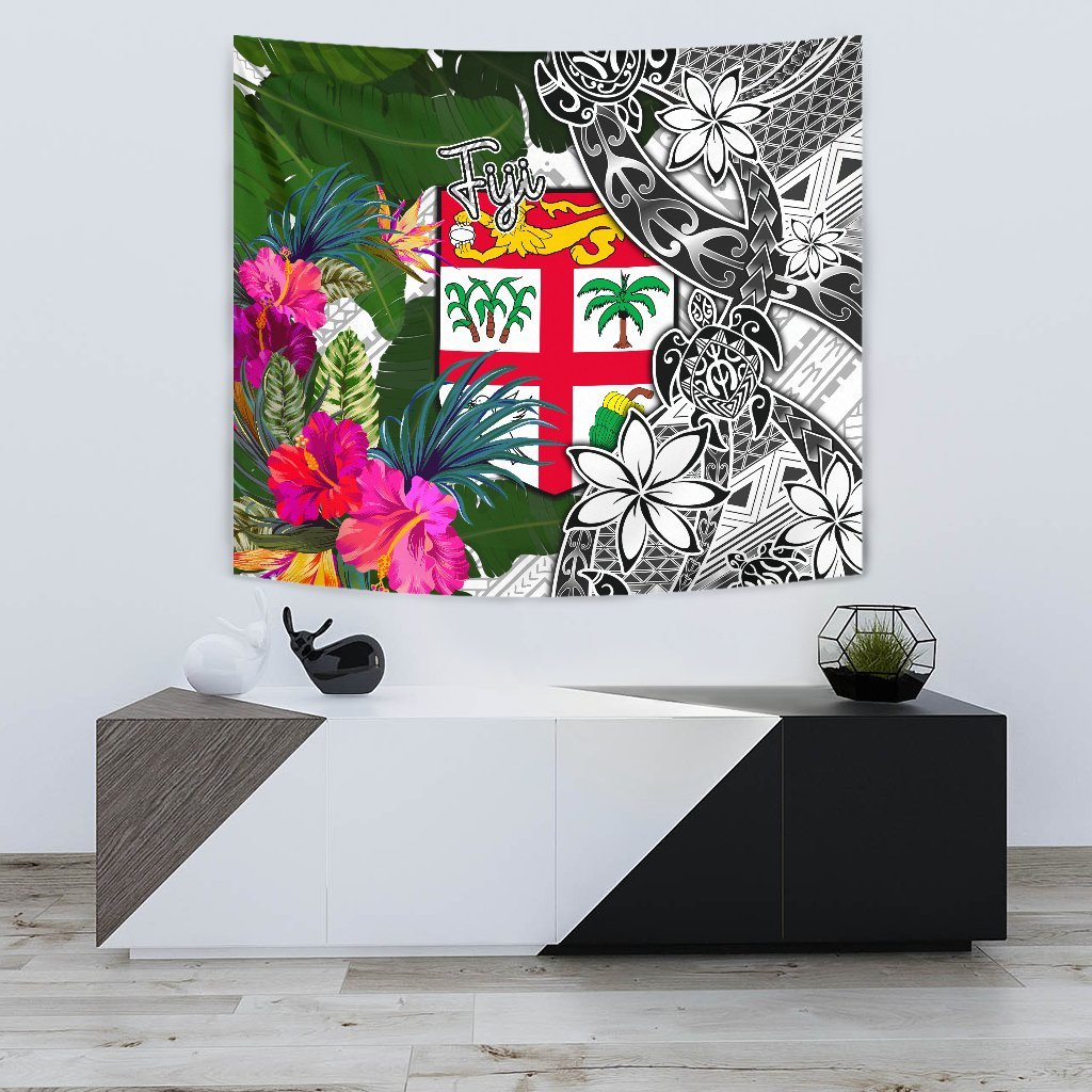 Fiji Tapestry White - Turtle Plumeria Banana Leaf - Polynesian Pride