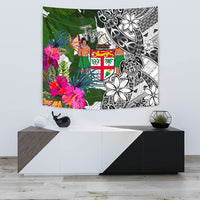 Fiji Tapestry White - Turtle Plumeria Banana Leaf Crest - Polynesian Pride