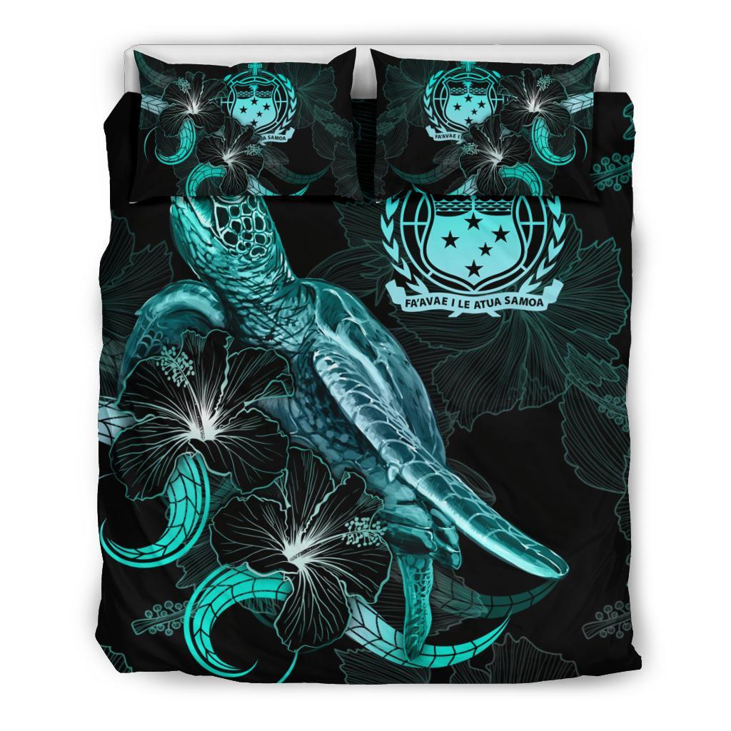 Samoa Polynesian Bedding Set - Turtle With Blooming Hibiscus Turquoise - Polynesian Pride