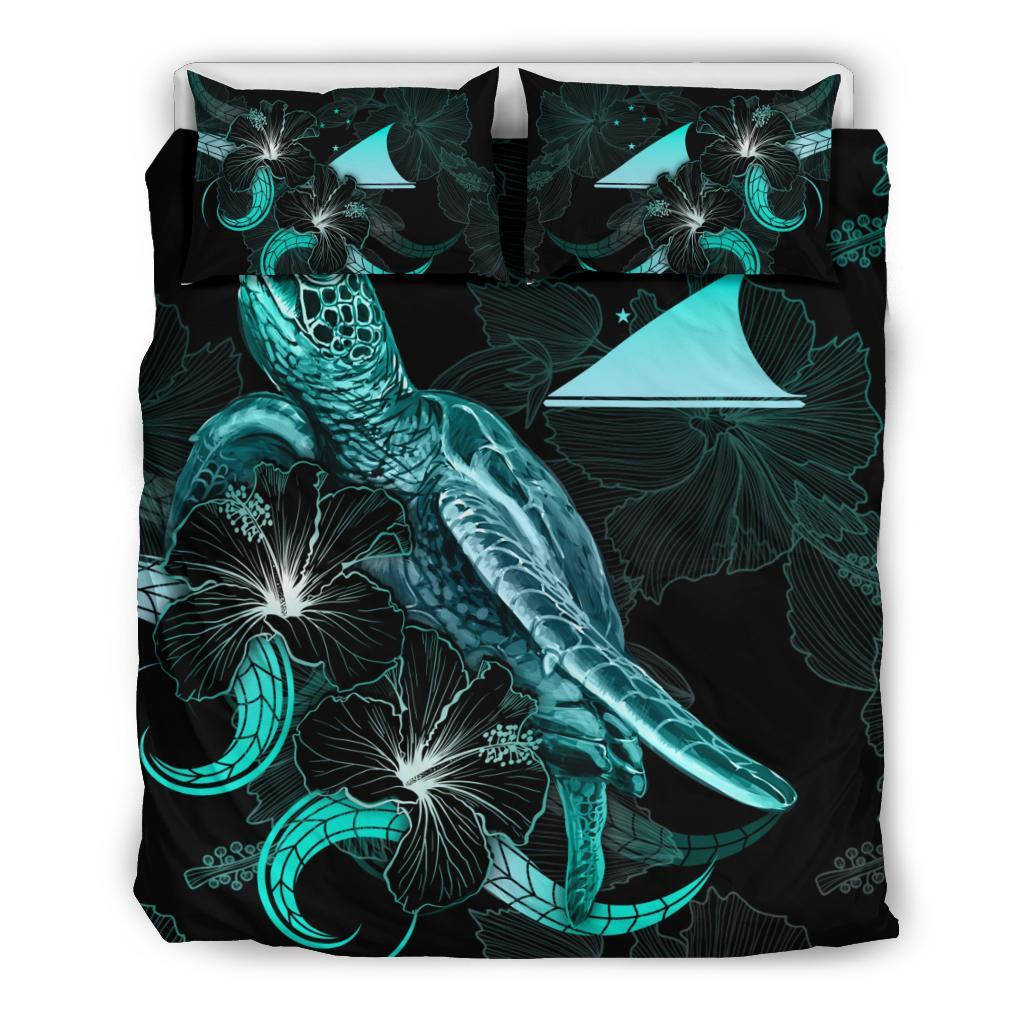 Tokelau Polynesian Bedding Set - Turtle With Blooming Hibiscus Turquoise - Polynesian Pride
