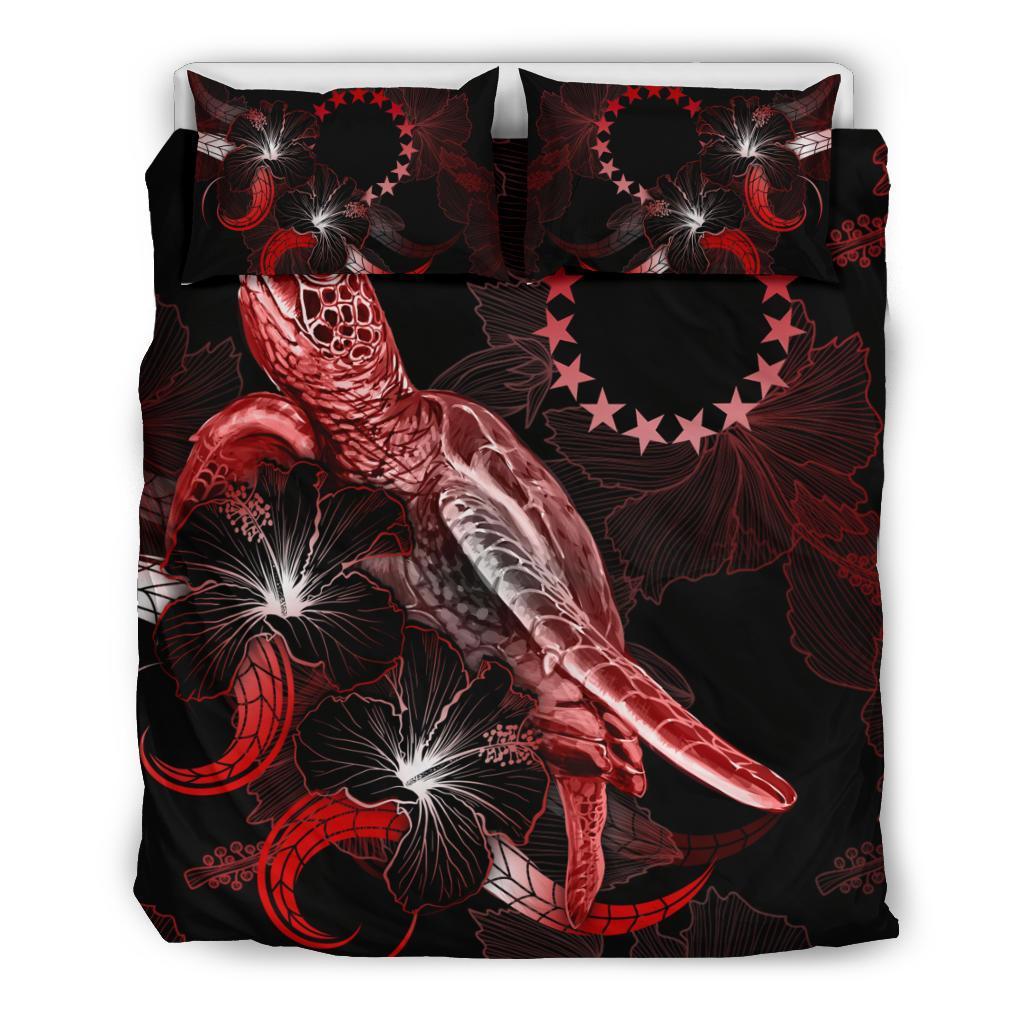 Cook Islands Polynesian Bedding Set - Turtle With Blooming Hibiscus Red - Polynesian Pride