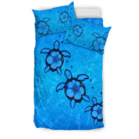 Hawaiian Turtle Swim In The OCean With Hibiscus Polynesian Bedding Set - Polynesian Pride