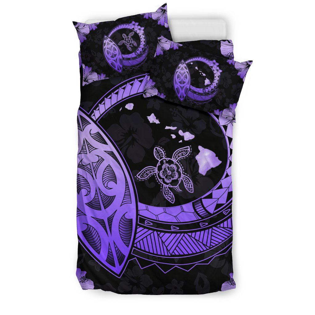 Hawaiian Map Hibiscus Plumeria Turtle Polynesian Bedding Set Violet - Polynesian Pride