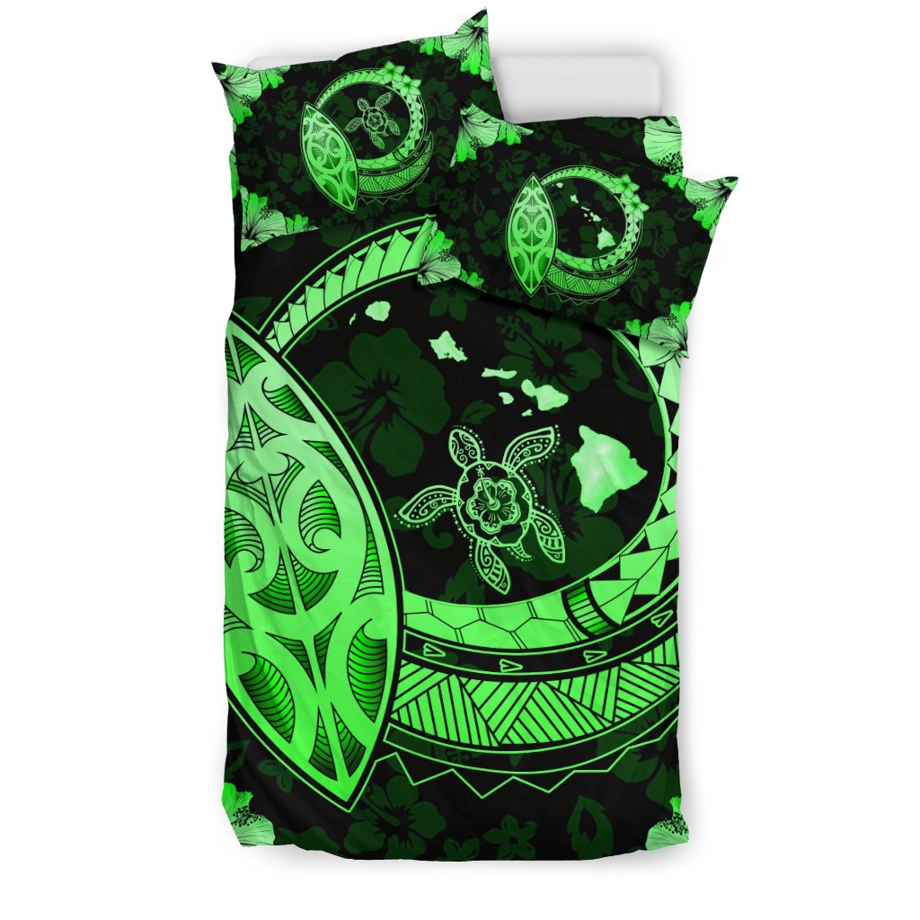 Hawaiian Map Hibiscus Plumeria Turtle Polynesian Bedding Set Green - Polynesian Pride