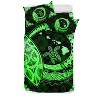 Hawaiian Map Hibiscus Plumeria Turtle Polynesian Bedding Set Green - Polynesian Pride