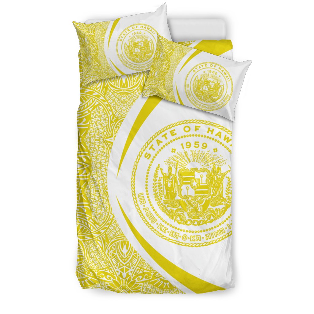 Hawaiian Map Coat Of Arms Polynesian Bedding Set - Circle Style Yellow And White - Polynesian Pride