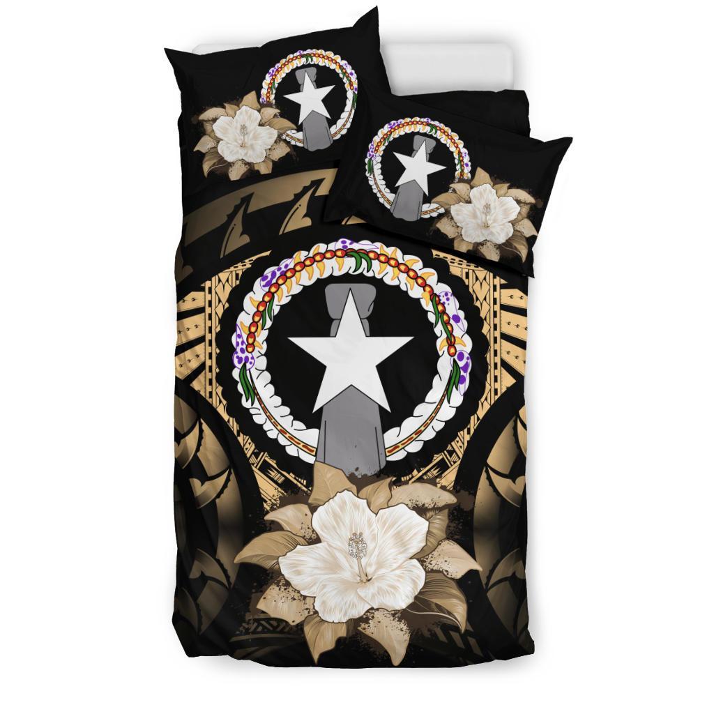 Northern Mariana Islands Duvet Cover Set - Northern Mariana Islands Flag & Gold Hibiscus - Polynesian Pride