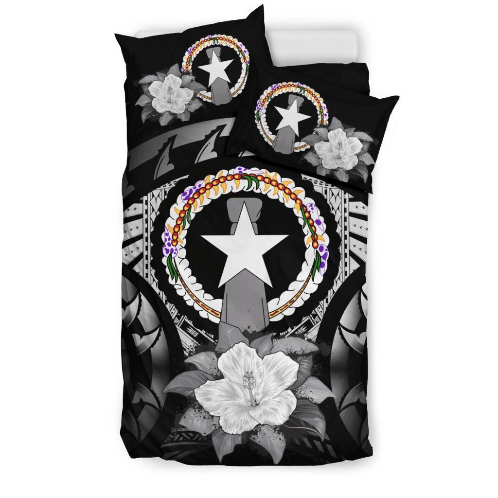 Northern Mariana Islands Duvet Cover Set - Northern Mariana Islands Flag & Gray Hibiscus - Polynesian Pride