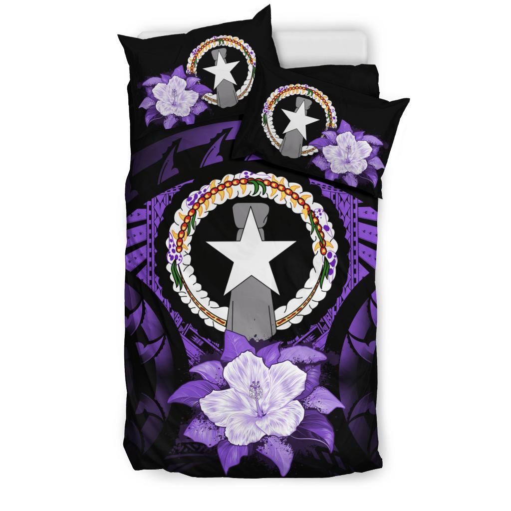 Northern Mariana Islands Duvet Cover Set - Northern Mariana Islands Flag & Purple Hibiscus - Polynesian Pride