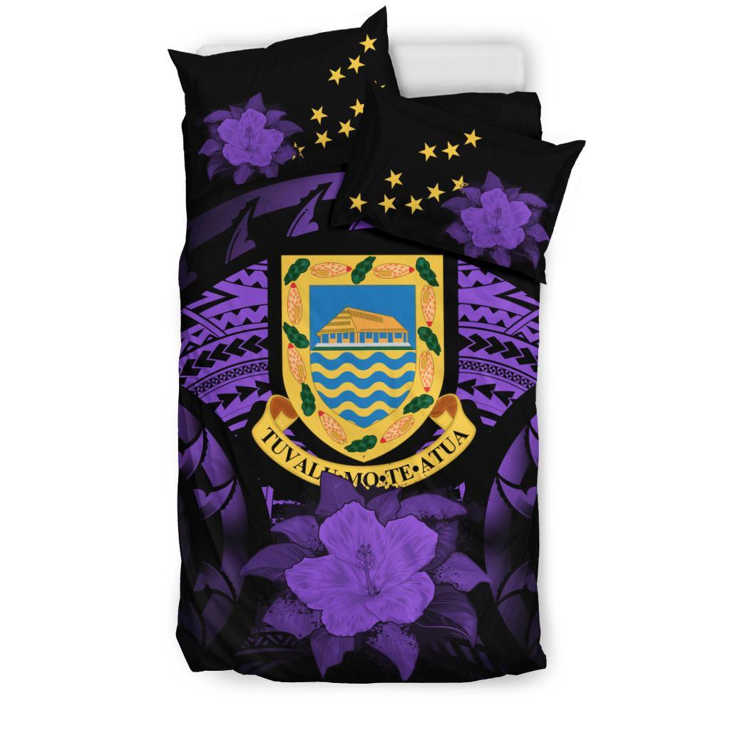 Tuvalu Duvet Cover Set - Tuvalu Coat Of Arms & Purple Hibiscus - Polynesian Pride