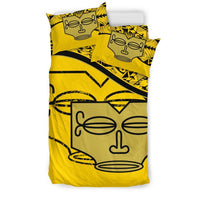 Marquesas Islands Duvet Cover Set - Tiki Face Pattern Yellow - Polynesian Pride