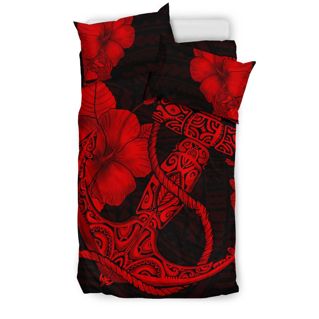 Hawaiian Anchor Poly Tribal Hibiscus Polynesian Bedding Set Red - Polynesian Pride