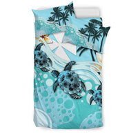 Polynesian Duvet Cover Set - Wallis And Futuna Bedding Set Blue Turtle Hibiscus - Polynesian Pride