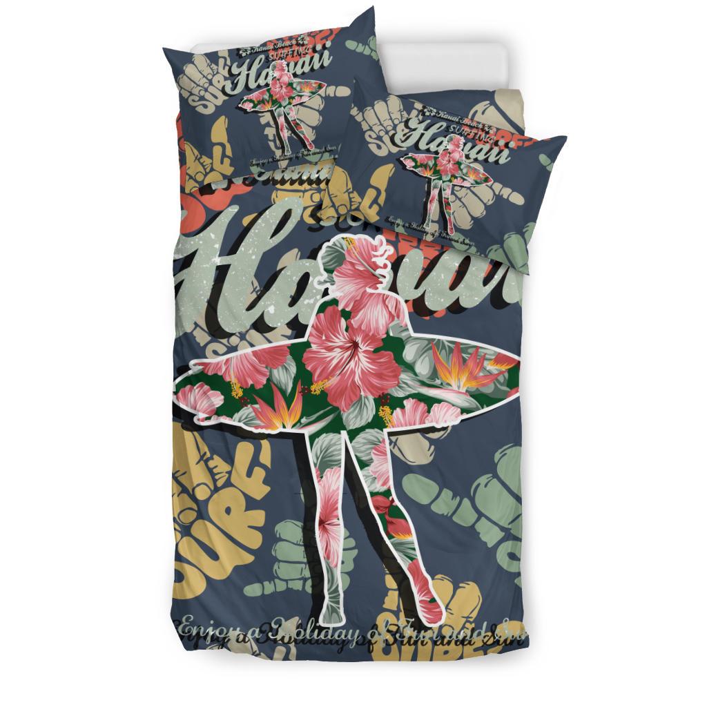 Hawaiian Hibiscus Shaka Banzai Pipeline Surfing Girl Bedding Set - Polynesian Pride