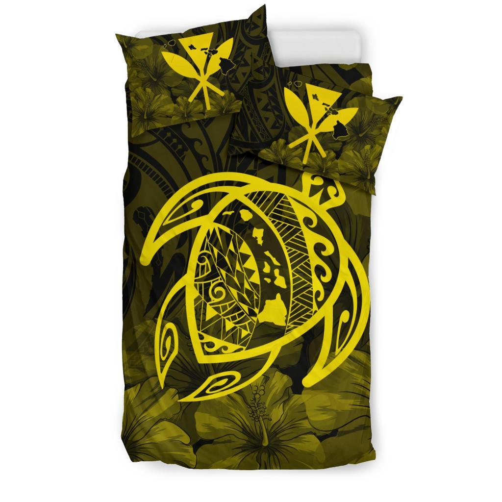 Hawaiian Map Turtle Kanaka Hibiscus Polynesian Bedding Set - Yellow - Polynesian Pride