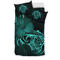 Hawaiian Map Turtle Hibiscus Divise Turquoise Polynesian Bedding Set - Polynesian Pride