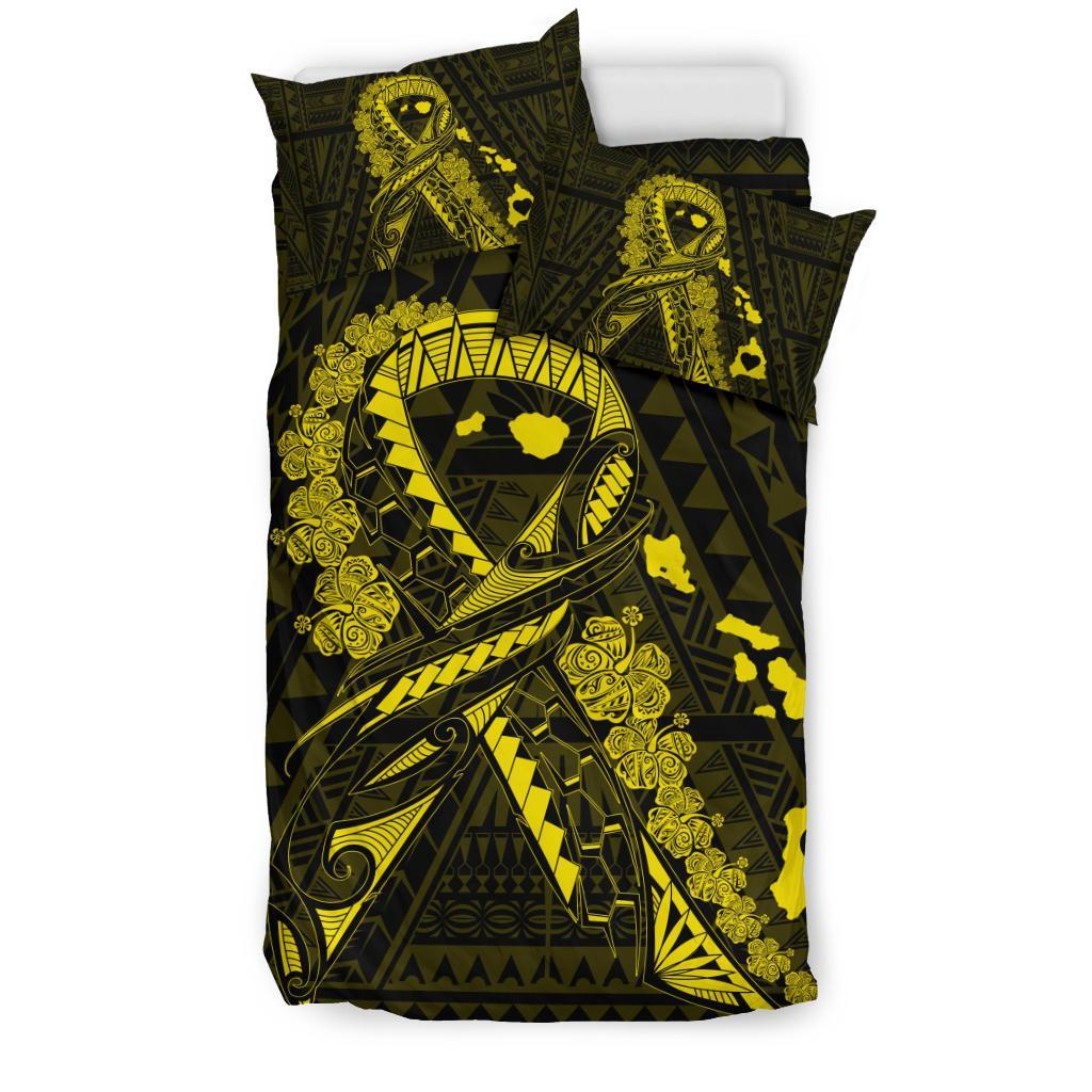 Hawaiian Map Heart Ribbon Cancer Hibiscus Polynesian Bedding Set - Yellow - Polynesian Pride