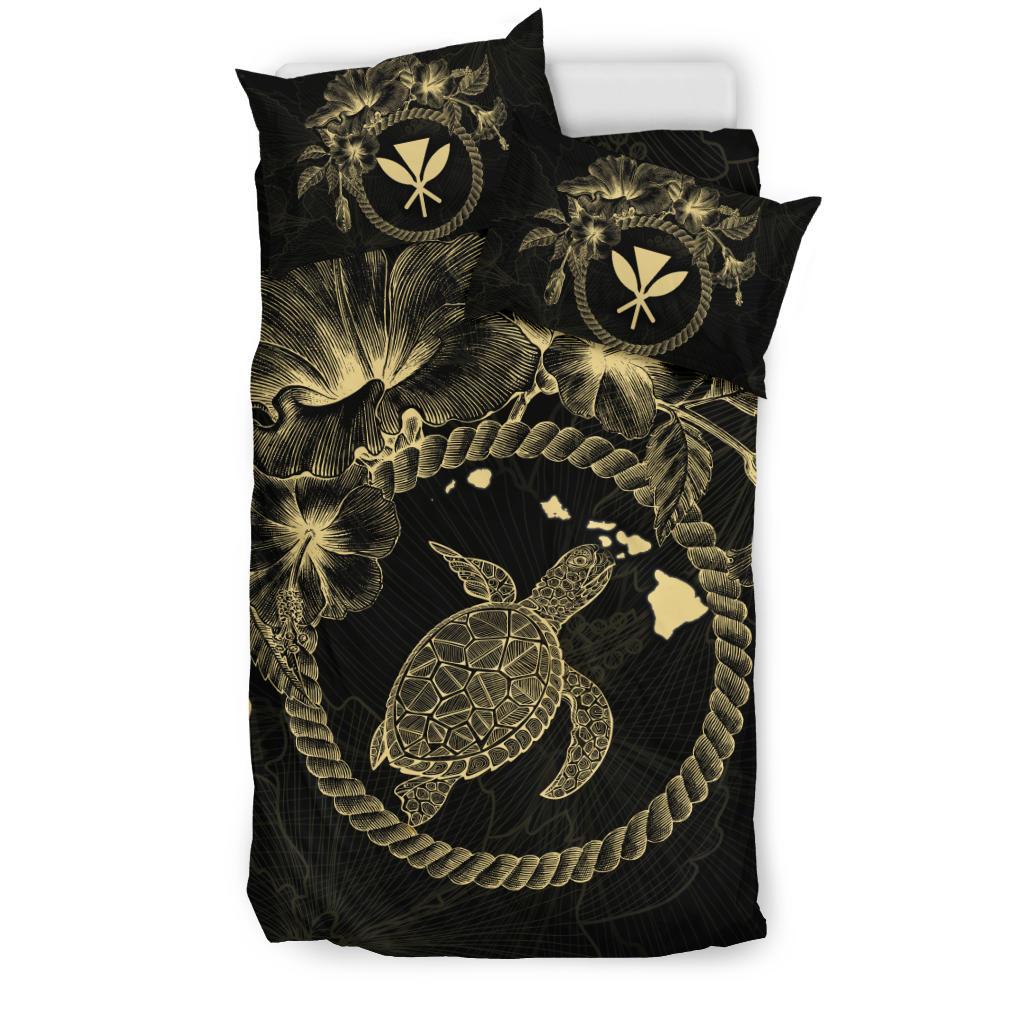 Polynesian Hawaii Bedding Set - Gold Turtle Hibiscus Flower Frame Vintage - Polynesian Pride
