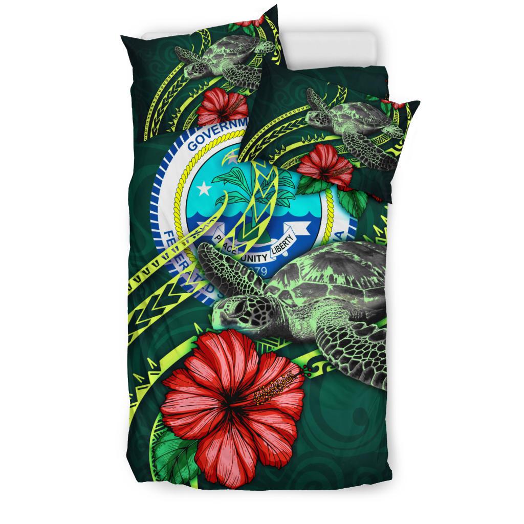 Polynesian Bedding Set - Federated States Of Micronesia Duvet Cover Set Green Turtle Hibiscus - Polynesian Pride