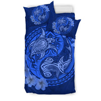 Hawaii Yin Yang Turtle Shark Hibiscus Plumeria Bedding Set - Blue - Polynesian Pride