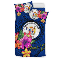 Polynesian Custom Personalised Bedding Set - Niue Duvet Cover Set Floral With Seal Blue - Polynesian Pride