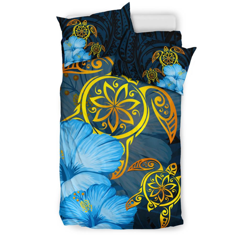 Hawaii Bedding Set - Turtle Hibiscus Pattern Hawaiian Bedding Set - Blue - Polynesian Pride