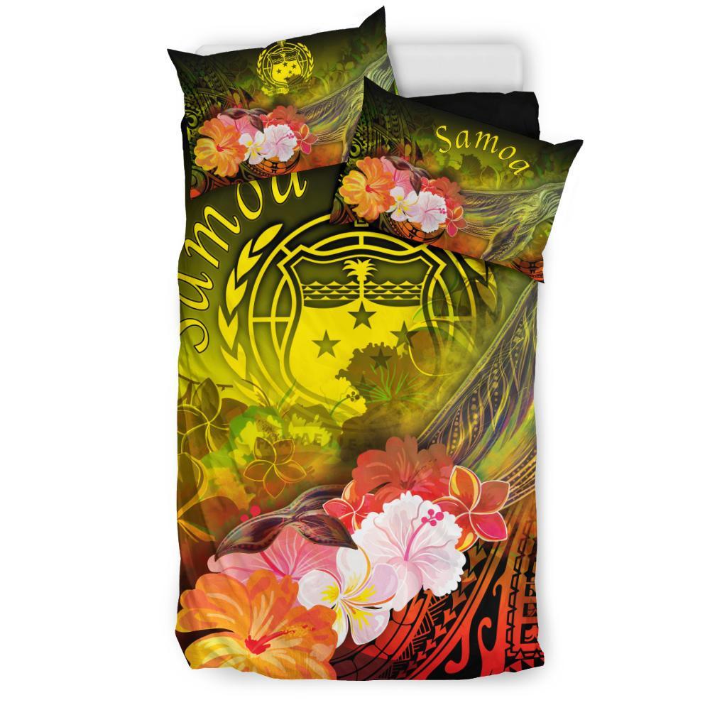 Samoa Bedding Set - Humpback Whale with Tropical Flowers (Yellow) - Polynesian Pride