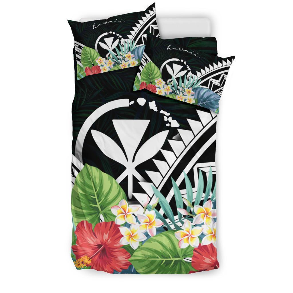 Hawaii Bedding Set - Hawaii Coat of Arms & Polynesian Tropical Flowers White Art - Polynesian Pride