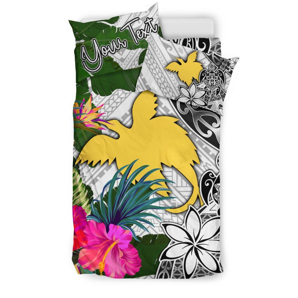 Papua New Guinea Custom Personalised Bedding Set White - Turle Plumeria Banana Leaf - Polynesian Pride
