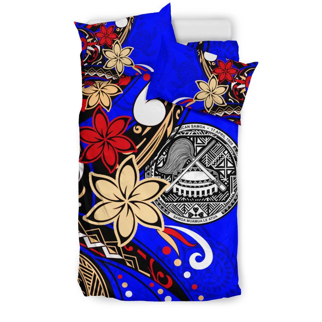 American Samoa Bedding Set - Tribal Flower With Special Turtles Blue Color - Polynesian Pride