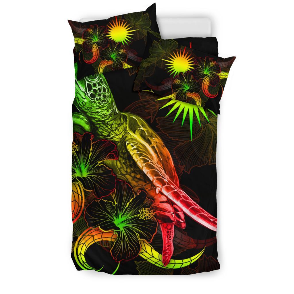 Marshall Islands Polynesian Bedding Set - Turtle With Blooming Hibiscus Reggae - Polynesian Pride