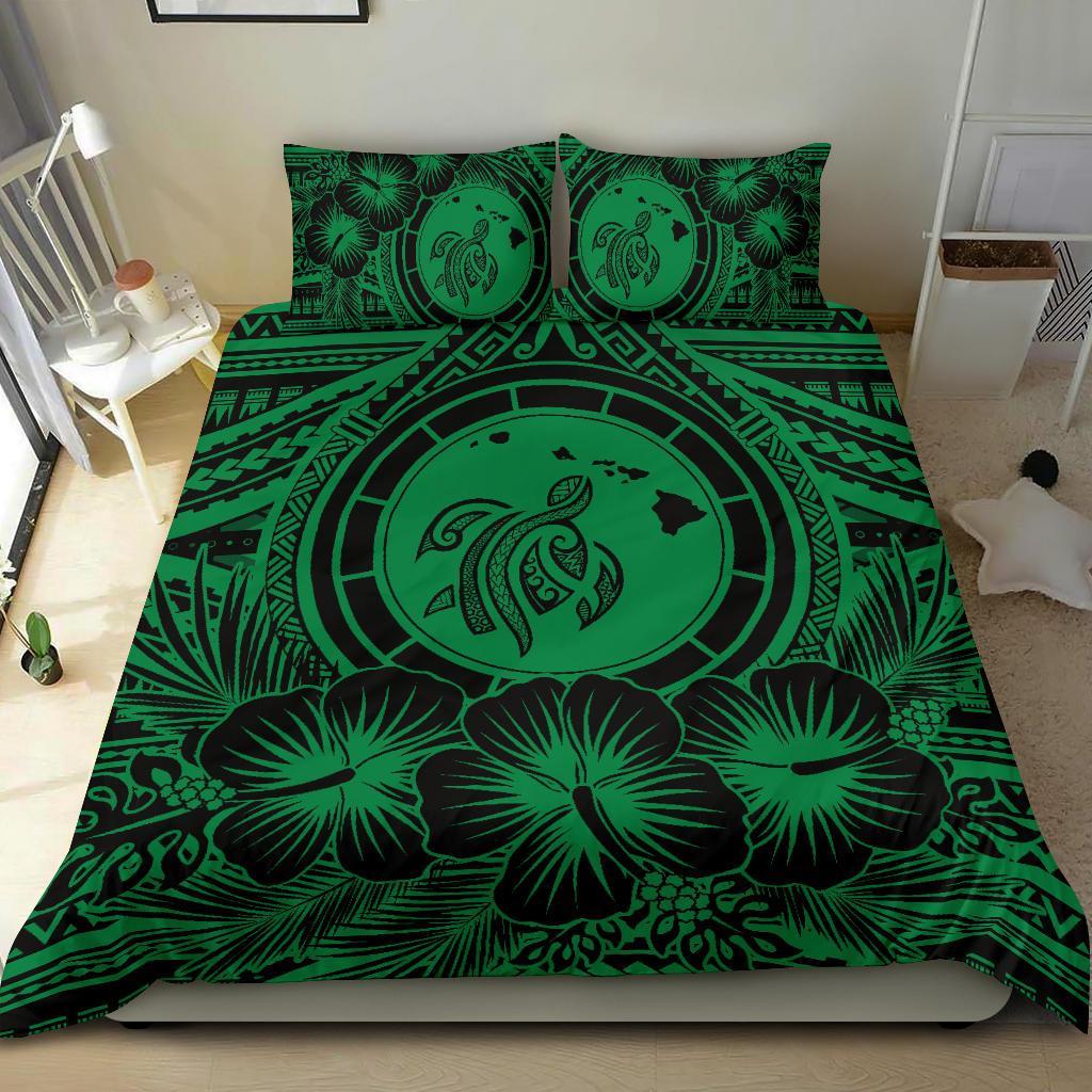 Hawaiian Map Honu Hibiscus Tropic Green Polynesian Bedding Set - Polynesian Pride