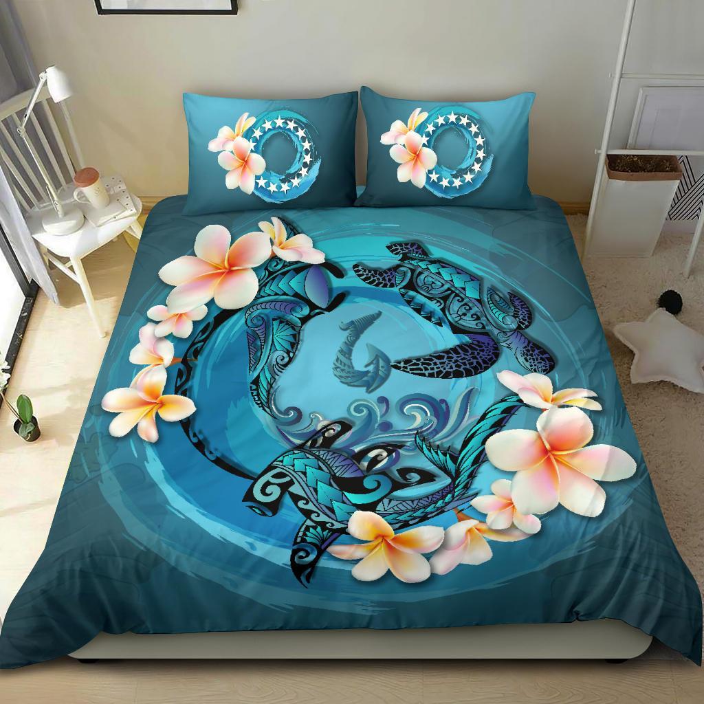 Polynesian Duvet Cover Set - Cook Islands Bedding Set Blue Plumeria Animal Tattoo - Polynesian Pride