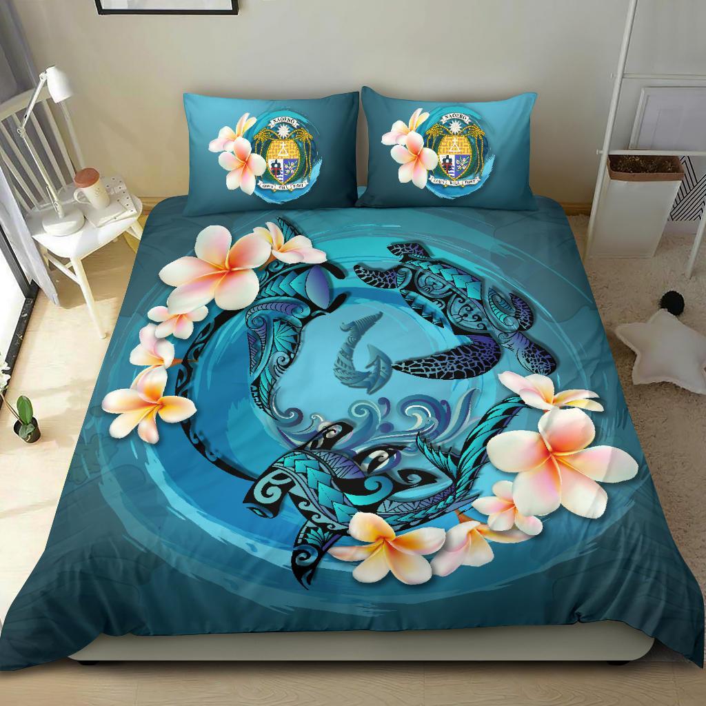Polynesian Duvet Cover Set - Nauru Bedding Set Blue Plumeria Animal Tattoo - Polynesian Pride